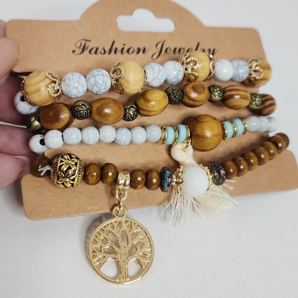 NEW‼️Bohemian Wooden Bead Bracelet Set with Gold Accents (4PCS) - Picture 3 of 4